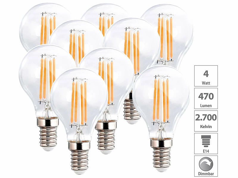 Luminea LED E14 Warmweiß:9er-Set LED-Filament-Lampen, G45, E14, 470 Lm, 4 W, 2700 K, Dimmbar, E 1 Luminea LED E14 Warmweiß:9er-Set LED-Filament-Lampen, G45, E14, 470 Lm, 4 W, 2700 K, Dimmbar, E