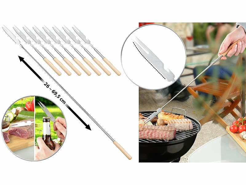 Infactory Grillspieß:8er-Set 3in1-Teleskop-Messer, Grillgabel & Flaschenöffner, Bis 69,5 Cm 2 Infactory Grillspieß:8er-Set 3in1-Teleskop-Messer, Grillgabel & Flaschenöffner, Bis 69,5 Cm – Bild 2