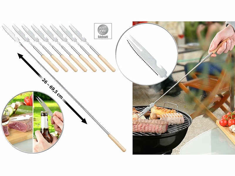 Infactory Grillspieß:8er-Set 3in1-Teleskop-Messer, Grillgabel & Flaschenöffner, Bis 69,5 Cm 1 Infactory Grillspieß:8er-Set 3in1-Teleskop-Messer, Grillgabel & Flaschenöffner, Bis 69,5 Cm