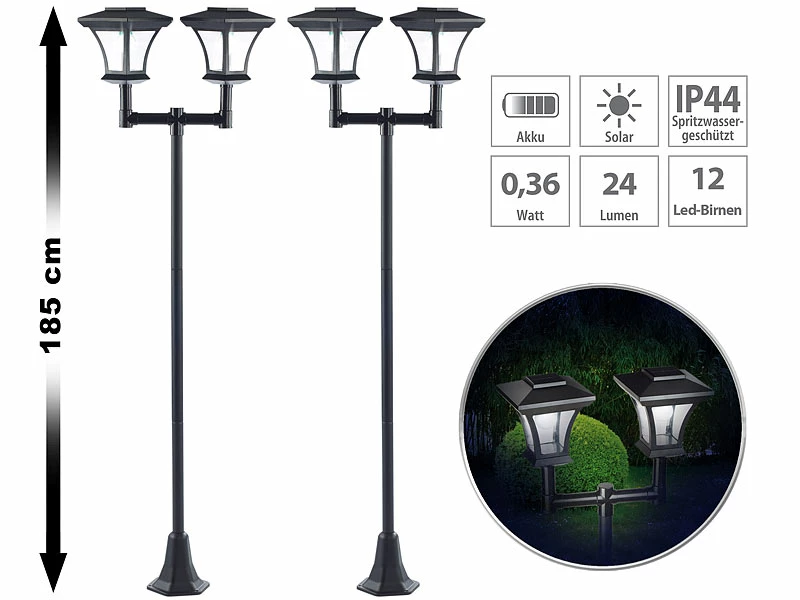 Royal Gardineer Garten LED Solarlampen:2er-Set 2-flammige Solar-LED-Gartenlaternen, SWL-25, 0,36 W, 24 Lm 1 Royal Gardineer Garten LED Solarlampen:2er-Set 2-flammige Solar-LED-Gartenlaternen, SWL-25, 0,36 W, 24 Lm