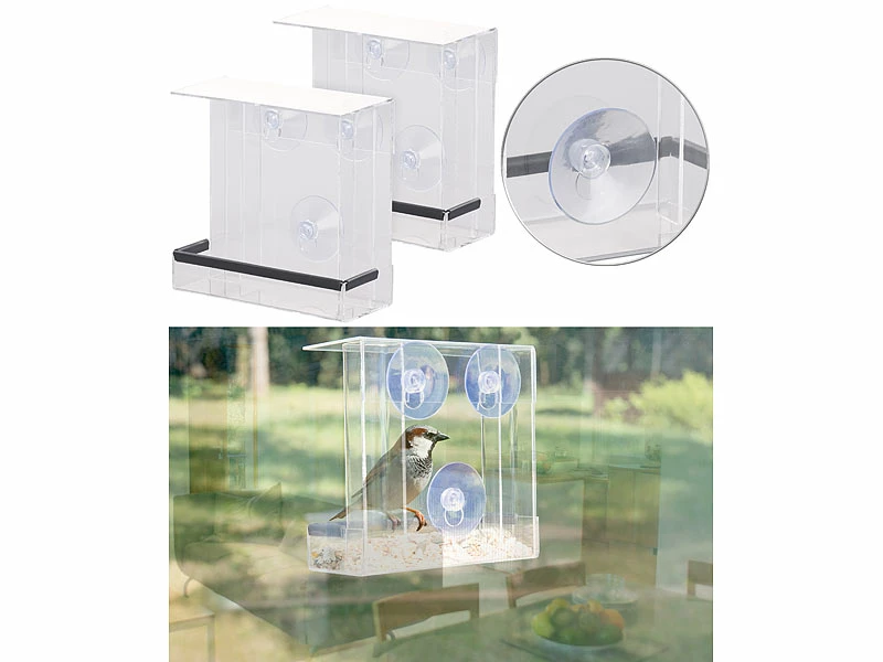 Royal Gardineer Futterhäuschen:2er-Set Vogel-Futterhäuser Aus Acryl, Je 2 Silos, Saugnapf-Befestigung 1 Royal Gardineer Futterhäuschen:2er-Set Vogel-Futterhäuser Aus Acryl, Je 2 Silos, Saugnapf-Befestigung
