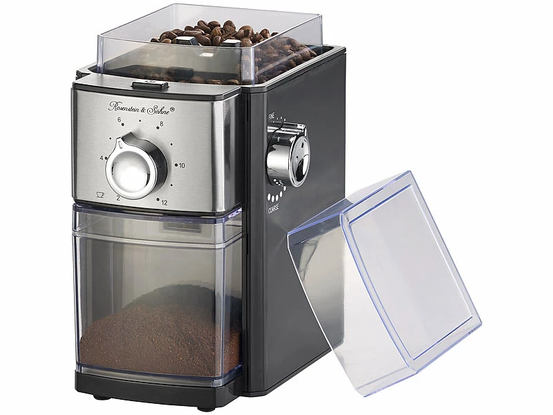 Rosenstein & Söhne Kaffemühle:Elektrische Kaffeemühle, Scheibenmahlwerk, Für 250 G Bohnen, 150 Watt 1 Rosenstein & Söhne Kaffemühle:Elektrische Kaffeemühle, Scheibenmahlwerk, Für 250 G Bohnen, 150 Watt