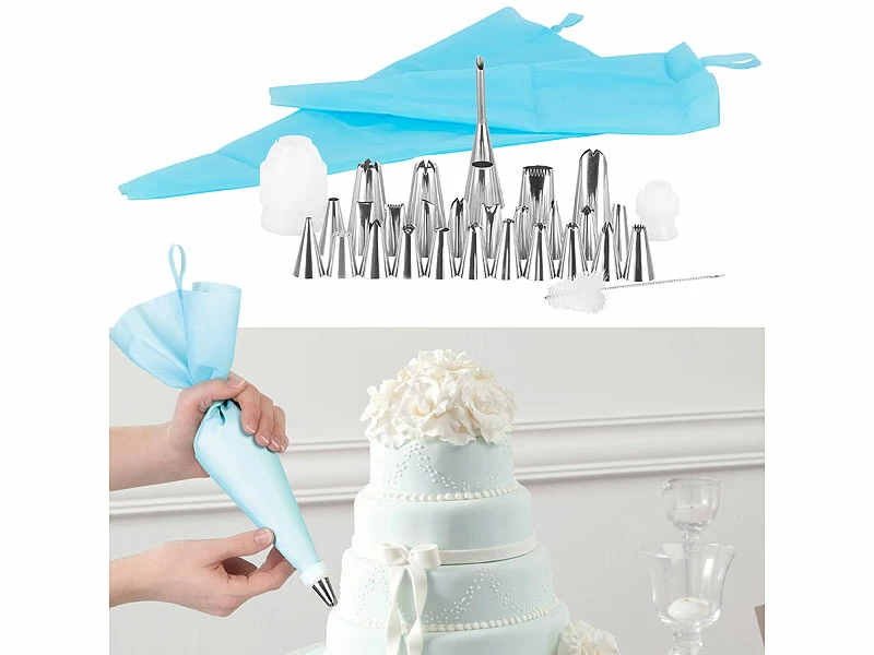 Rosenstein & Söhne Spritzbeutelset:32-teiliges Spritzbeutel-Set In 2 Größen, Mit 27 Edelstahl-Aufsätzen 1 Rosenstein & Söhne Spritzbeutelset:32-teiliges Spritzbeutel-Set In 2 Größen, Mit 27 Edelstahl-Aufsätzen