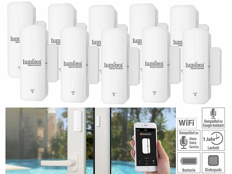 Luminea Home Control Fensterkontakte:10er-Set WLAN-Tür- & Fensteralarm, App, Für Alexa & Google Assistant 1 Luminea Home Control Fensterkontakte:10er-Set WLAN-Tür- & Fensteralarm, App, Für Alexa & Google Assistant