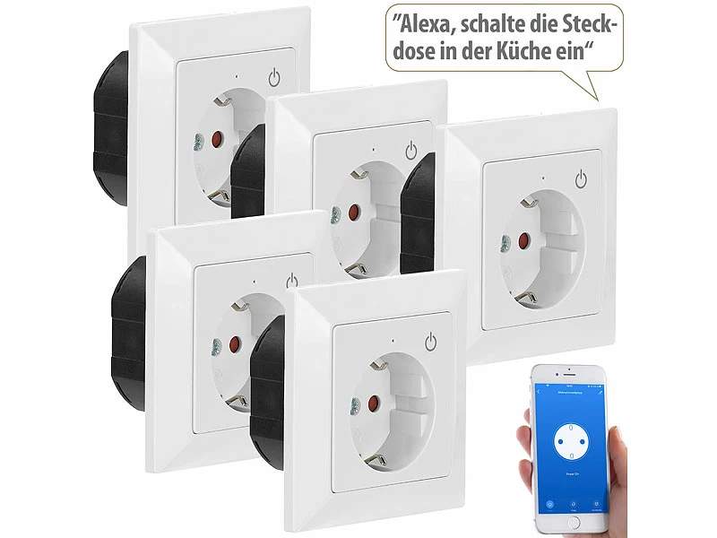 Luminea Home Control Smart Steckdosen:WLAN-Unterputz-Steckdose Mit App, Für Siri, Alexa & GA, 5er Pack 1 Luminea Home Control Smart Steckdosen:WLAN-Unterputz-Steckdose Mit App, Für Siri, Alexa & GA, 5er Pack