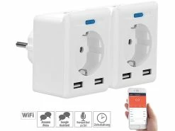 Luminea Home Control Energie Monitor:2er-Set WLAN-Steckdosen, 2 USB, App, Komp. Zu Alexa, Google, Siri