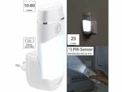 Lunartec Steckdosenlampe:4in1-Multifunktions-Leuchte & Nachtlicht Mit Akku & Induktions-Ladung