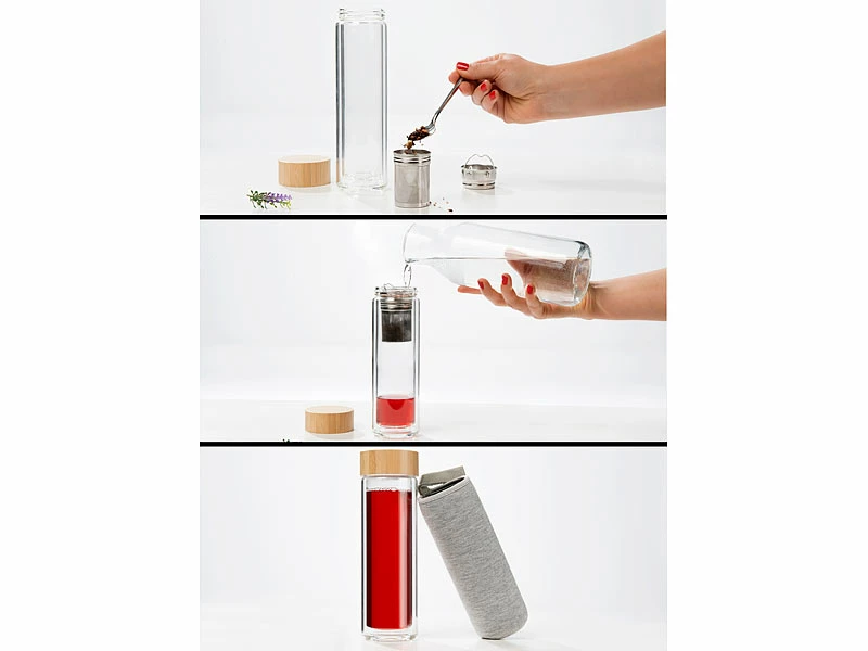 Cucina Di Modena Glasflasche:Doppelwandige Glas-Trinkflasche Mit Neopren-Hülle & Tee-Sieb, 400 Ml 4 Cucina Di Modena Glasflasche:Doppelwandige Glas-Trinkflasche Mit Neopren-Hülle & Tee-Sieb, 400 Ml – Bild 4