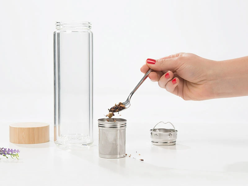 Cucina Di Modena Glasflasche:Doppelwandige Glas-Trinkflasche Mit Neopren-Hülle & Tee-Sieb, 400 Ml 6 Cucina Di Modena Glasflasche:Doppelwandige Glas-Trinkflasche Mit Neopren-Hülle & Tee-Sieb, 400 Ml – Bild 6