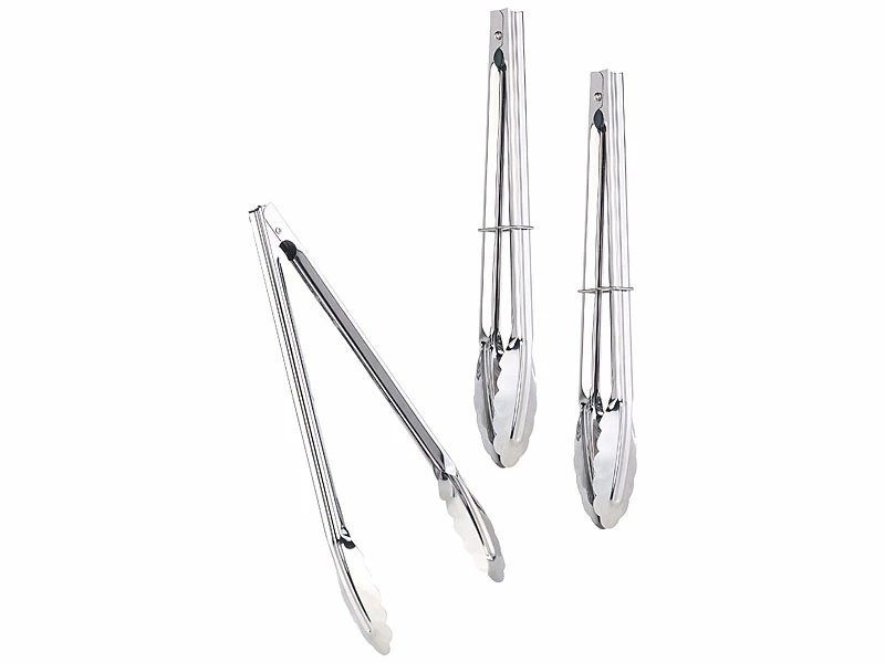 Rosenstein & Söhne Grillbesteck:3er-Set Rostfreie Grillzange Aus Chromstahl, Rundgezahnte Greifflächen 1 Rosenstein & Söhne Grillbesteck:3er-Set Rostfreie Grillzange Aus Chromstahl, Rundgezahnte Greifflächen
