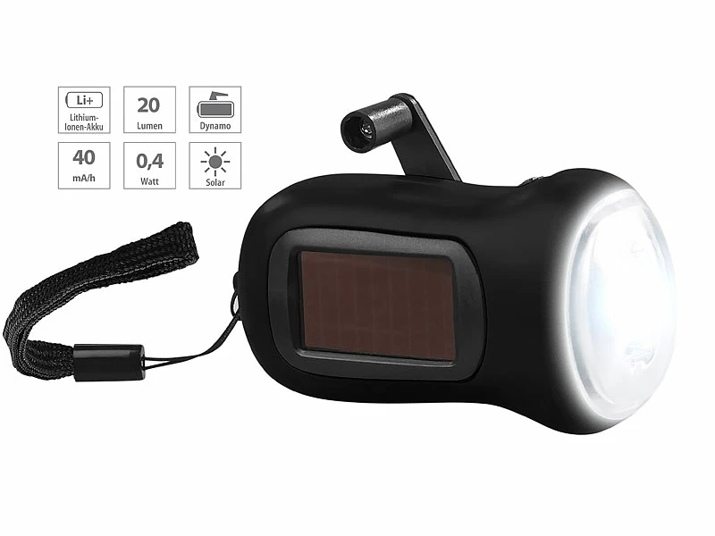 PEARL Solar Taschenlampe:Dynamo-Taschenlampe Mit Solarpanel, 3 LEDs, 0,4 Watt, 20 Lumen, Akku 1 PEARL Solar Taschenlampe:Dynamo-Taschenlampe Mit Solarpanel, 3 LEDs, 0,4 Watt, 20 Lumen, Akku