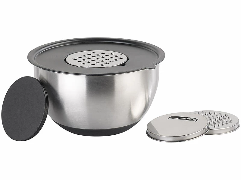 Rosenstein & Söhne Edelstahlschüssel:11-teiliges Premium-Rührschüssel-Set Mit 3 Reibeaufsätzen, Edelstahl 3 Rosenstein & Söhne Edelstahlschüssel:11-teiliges Premium-Rührschüssel-Set Mit 3 Reibeaufsätzen, Edelstahl – Bild 3