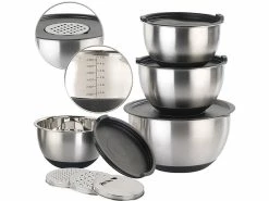 Rosenstein & Söhne Edelstahlschüssel:11-teiliges Premium-Rührschüssel-Set Mit 3 Reibeaufsätzen, Edelstahl