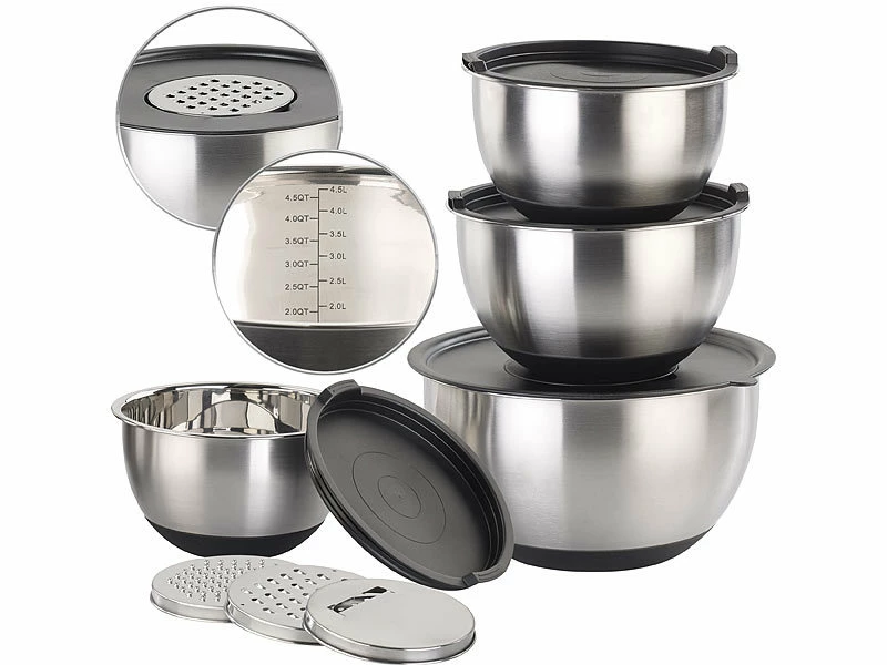 Rosenstein & Söhne Edelstahlschüssel:11-teiliges Premium-Rührschüssel-Set Mit 3 Reibeaufsätzen, Edelstahl 1 Rosenstein & Söhne Edelstahlschüssel:11-teiliges Premium-Rührschüssel-Set Mit 3 Reibeaufsätzen, Edelstahl