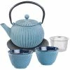 Rosenstein & Söhne Teeservice:Asiatische Teekanne, Untersetzer Und 2 Becher Aus Gusseisen, Blau