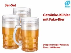 Rosenstein & Söhne Bierglas:Doppelwandiger Getränke-Kühler Als Scherz-Bierkrug, 0,3 L, 3er-Set
