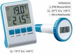 Infactory Wasserthermometer:Digitales Teich- Und Poolthermometer Mit LCD-Funk-Empfänger, IPX8