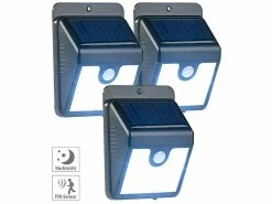 Luminea Solarlampen Garten:3er-Set Solar-LED-Wandleuchten Mit Bewegungssensor & Nachtlicht, 50 Lm