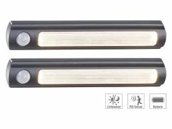 Luminea Küchenunterbauleuchte:2er-Set LED-Schrankleuchte, PIR- & Lichtsensor, 0,6 W, 25 Lm, 3000 K