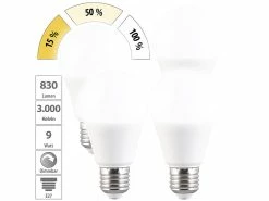 Luminea Kaltweiße LED-Lampen:4er-Set LED-Lampen E27 9W (ers. 75W) 3-stufig Dimmbar 830lm Tageslicht