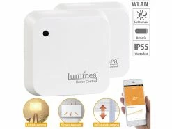 Luminea Home Control Sonnensensor:2er-Set Wetterfeste WLAN-Licht- & Dämmerungs-Sensoren Mit App, IP55