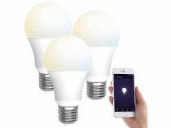 Luminea Home Control Funkgesteuerte Lampen:3er-Set WLAN-LED-Lampen, E27, 806lm, Für Alexa & Google Assistant, CCT