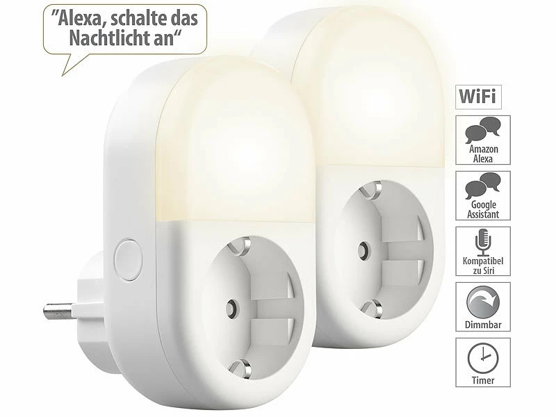 Luminea Home Control LED-Nachtlicht-Plug-in:2er-Set WLAN-Steckdose Mit LED-Nachtlicht, App & Sprachsteuerung, 16 A 1 Luminea Home Control LED-Nachtlicht-Plug-in:2er-Set WLAN-Steckdose Mit LED-Nachtlicht, App & Sprachsteuerung, 16 A