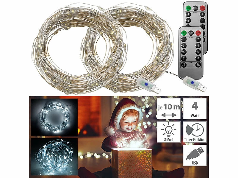 Lunartec USB-Lichterkette Timer:4er-Set USB-LED-Lichterdraht, 100 LEDs, 8 Modi, 10 M, Tageslichtweiß 12 Lunartec USB-Lichterkette Timer:4er-Set USB-LED-Lichterdraht, 100 LEDs, 8 Modi, 10 M, Tageslichtweiß – Bild 12