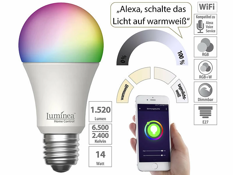 Luminea Home Control WLAN-Lampen Alexa:4er-Set WLAN-LED-Lampen, E27, RGB-CCT, 14W(ersetzt 150W), 1.520lm, App 9 Luminea Home Control WLAN-Lampen Alexa:4er-Set WLAN-LED-Lampen, E27, RGB-CCT, 14W(ersetzt 150W), 1.520lm, App – Bild 9
