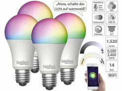 Luminea Home Control WLAN-Lampen Alexa:4er-Set WLAN-LED-Lampen, E27, RGB-CCT, 14W(ersetzt 150W), 1.520lm, App