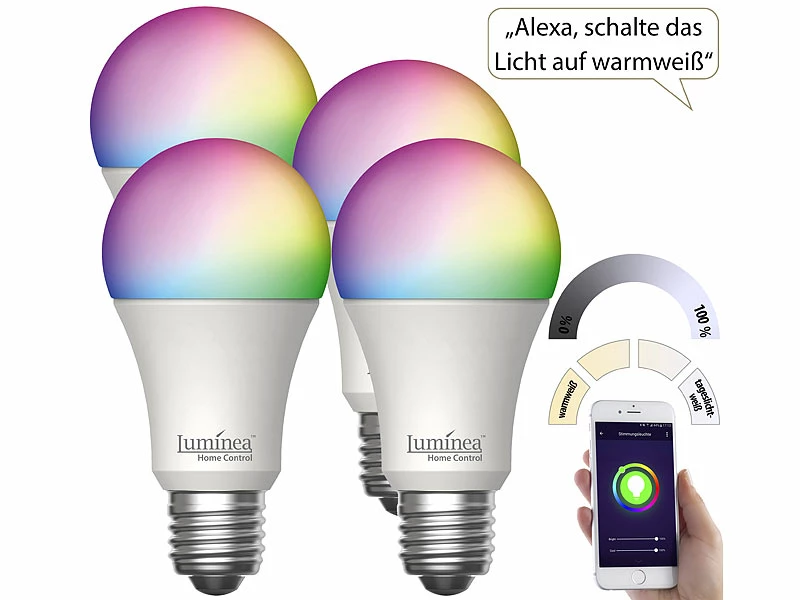 Luminea Home Control WLAN-Lampen Alexa:4er-Set WLAN-LED-Lampen, E27, RGB-CCT, 14W(ersetzt 150W), 1.520lm, App 2 Luminea Home Control WLAN-Lampen Alexa:4er-Set WLAN-LED-Lampen, E27, RGB-CCT, 14W(ersetzt 150W), 1.520lm, App – Bild 2