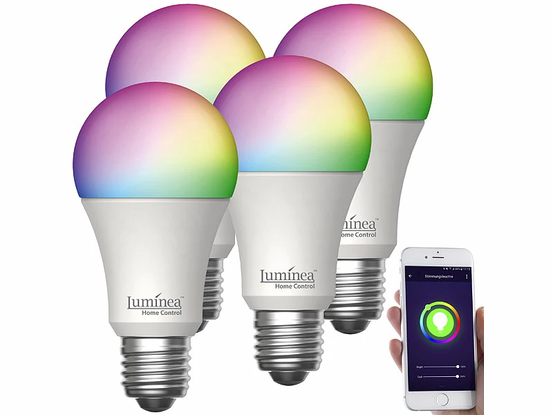 Luminea Home Control WLAN-Lampen Alexa:4er-Set WLAN-LED-Lampen, E27, RGB-CCT, 14W(ersetzt 150W), 1.520lm, App 3 Luminea Home Control WLAN-Lampen Alexa:4er-Set WLAN-LED-Lampen, E27, RGB-CCT, 14W(ersetzt 150W), 1.520lm, App – Bild 3