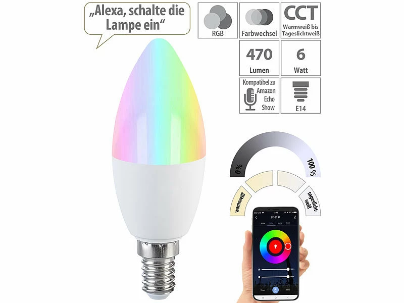 Luminea Home Control Lampen:LED-Kerze E14, RGB-CCT, 5 W (ersetzt 40 W), 470 Lm, ZigBee-kompatibel 1 Luminea Home Control Lampen:LED-Kerze E14, RGB-CCT, 5 W (ersetzt 40 W), 470 Lm, ZigBee-kompatibel