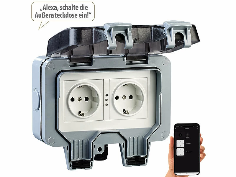 Luminea Home Control WLAN Steckdose:Outdoor-WLAN-Aufputz-Doppelsteckdose, Sprachbefehl, Strommessung, App 2 Luminea Home Control WLAN Steckdose:Outdoor-WLAN-Aufputz-Doppelsteckdose, Sprachbefehl, Strommessung, App – Bild 2