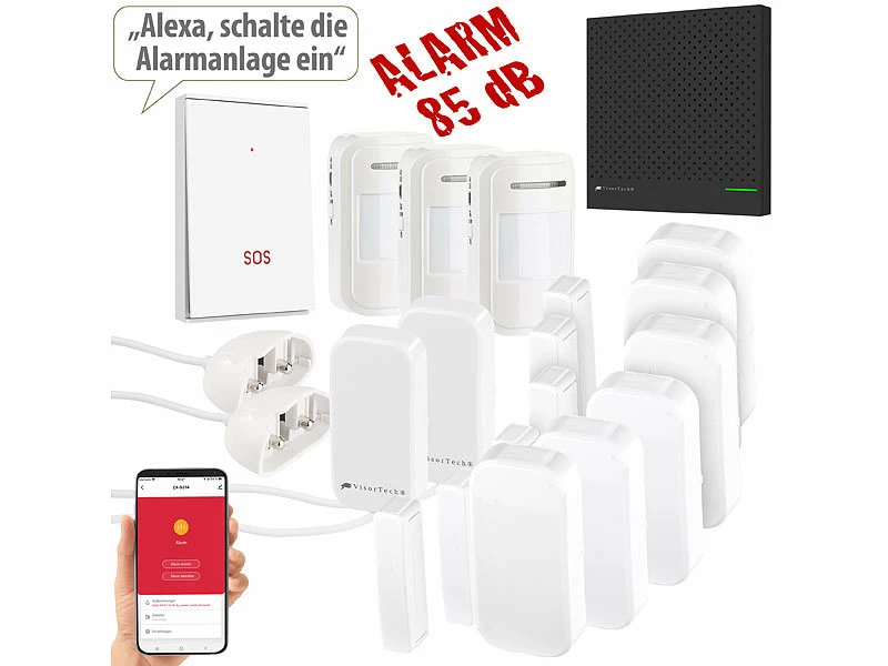 VisorTech Alarmanlage Drahtlos:13-teiliges Funk-Alarmanlagen-Set: 11 Sensoren, SOS-Taster, WLAN, App 1 VisorTech Alarmanlage Drahtlos:13-teiliges Funk-Alarmanlagen-Set: 11 Sensoren, SOS-Taster, WLAN, App