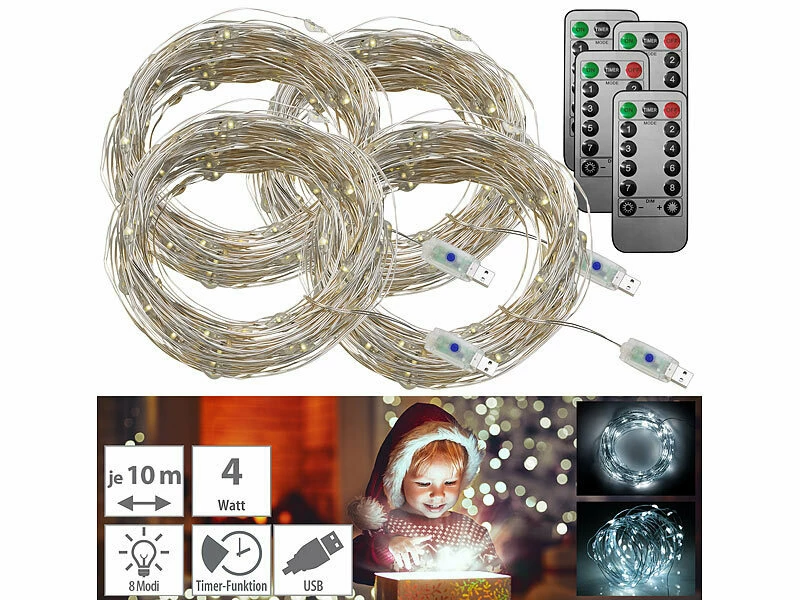 Lunartec USB-Lichterkette Timer:4er-Set USB-LED-Lichterdraht, 100 LEDs, 8 Modi, 10 M, Tageslichtweiß 1 Lunartec USB-Lichterkette Timer:4er-Set USB-LED-Lichterdraht, 100 LEDs, 8 Modi, 10 M, Tageslichtweiß