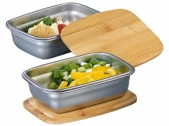 Rosenstein & Söhne Schüssel:2er-Set Edelstahl-Aufbewahrungsschale Mit Bambusdeckel