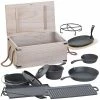 Semptec Urban Survival Technology Semptec Topf:9-teiliges Gusseisen-Dutch-Oven-Set Mit Aufbewahrungskiste Aus Holz