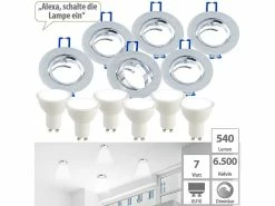 Luminea LED Einbauleuchten:6er-Set Alu-Einbaustrahler-Rahmen Mit GU10-LED-Spots, 540 Lm, 7 Watt