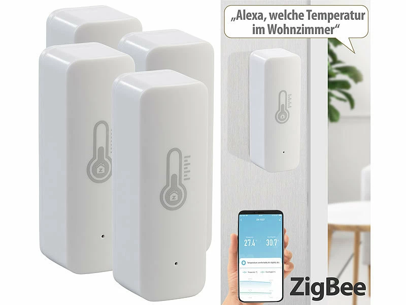 Luminea Home Control Temperatur Datenlogger:4er-Set ZigBee-Temperatur- & Luftfeuchtigkeits-Sensoren Mit App 2 Luminea Home Control Temperatur Datenlogger:4er-Set ZigBee-Temperatur- & Luftfeuchtigkeits-Sensoren Mit App – Bild 2