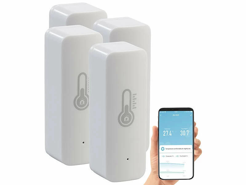 Luminea Home Control Temperatur Datenlogger:4er-Set ZigBee-Temperatur- & Luftfeuchtigkeits-Sensoren Mit App 3 Luminea Home Control Temperatur Datenlogger:4er-Set ZigBee-Temperatur- & Luftfeuchtigkeits-Sensoren Mit App – Bild 3