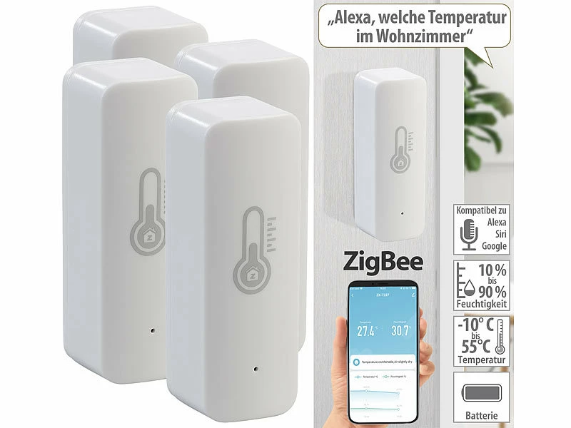 Luminea Home Control Temperatur Datenlogger:4er-Set ZigBee-Temperatur- & Luftfeuchtigkeits-Sensoren Mit App 1 Luminea Home Control Temperatur Datenlogger:4er-Set ZigBee-Temperatur- & Luftfeuchtigkeits-Sensoren Mit App