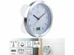 St. Leonhard Funk-Badezimmeruhr:Badezimmer-Funk-Wanduhr Mit Thermo- Und Hygrometer, Alu-Rahmen, Weiß