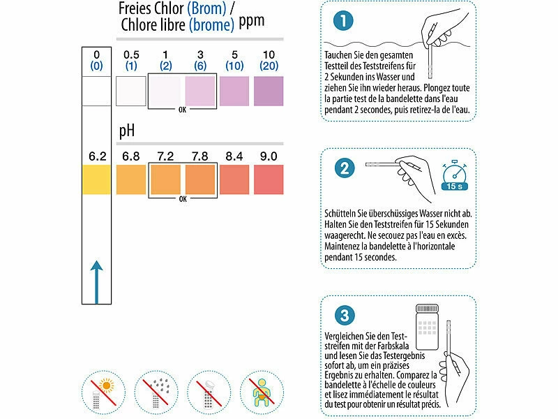 AGT Indikatorpapiere Pool:100er-Set 2in1-Wasser-Teststreifen Für PH-Wert Und Freies Chlor / Brom 3 AGT Indikatorpapiere Pool:100er-Set 2in1-Wasser-Teststreifen Für PH-Wert Und Freies Chlor / Brom – Bild 3