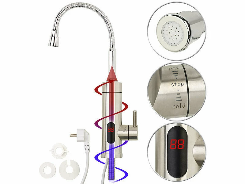 Rosenstein & Söhne Wasserhahn:2in1-Edelstahl-Armatur & Durchlauferhitzer, LED-Display, 60 °C, 1/2" 2 Rosenstein & Söhne Wasserhahn:2in1-Edelstahl-Armatur & Durchlauferhitzer, LED-Display, 60 °C, 1/2" – Bild 2