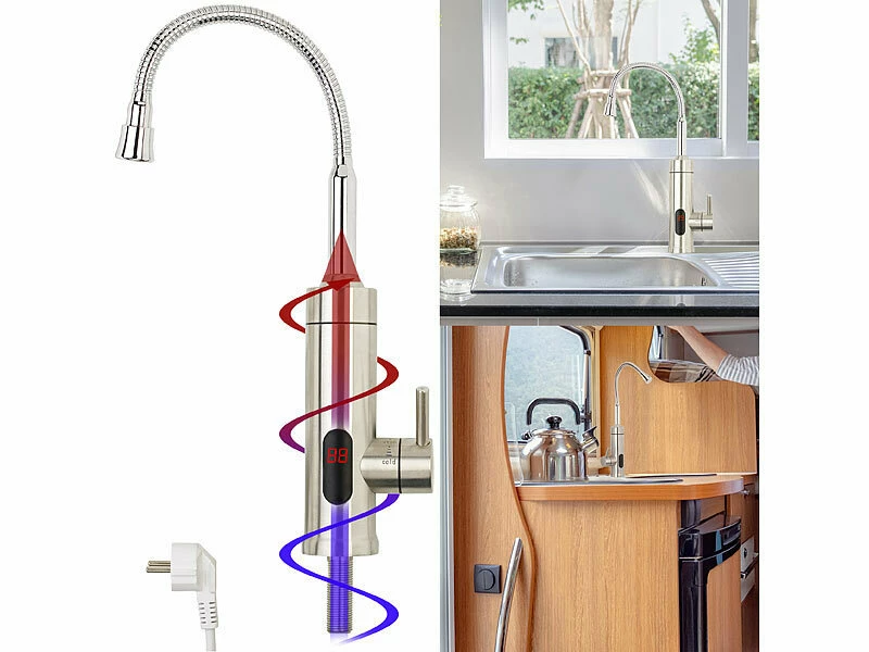 Rosenstein & Söhne Wasserhahn:2in1-Edelstahl-Armatur & Durchlauferhitzer, LED-Display, 60 °C, 1/2" 1 Rosenstein & Söhne Wasserhahn:2in1-Edelstahl-Armatur & Durchlauferhitzer, LED-Display, 60 °C, 1/2"